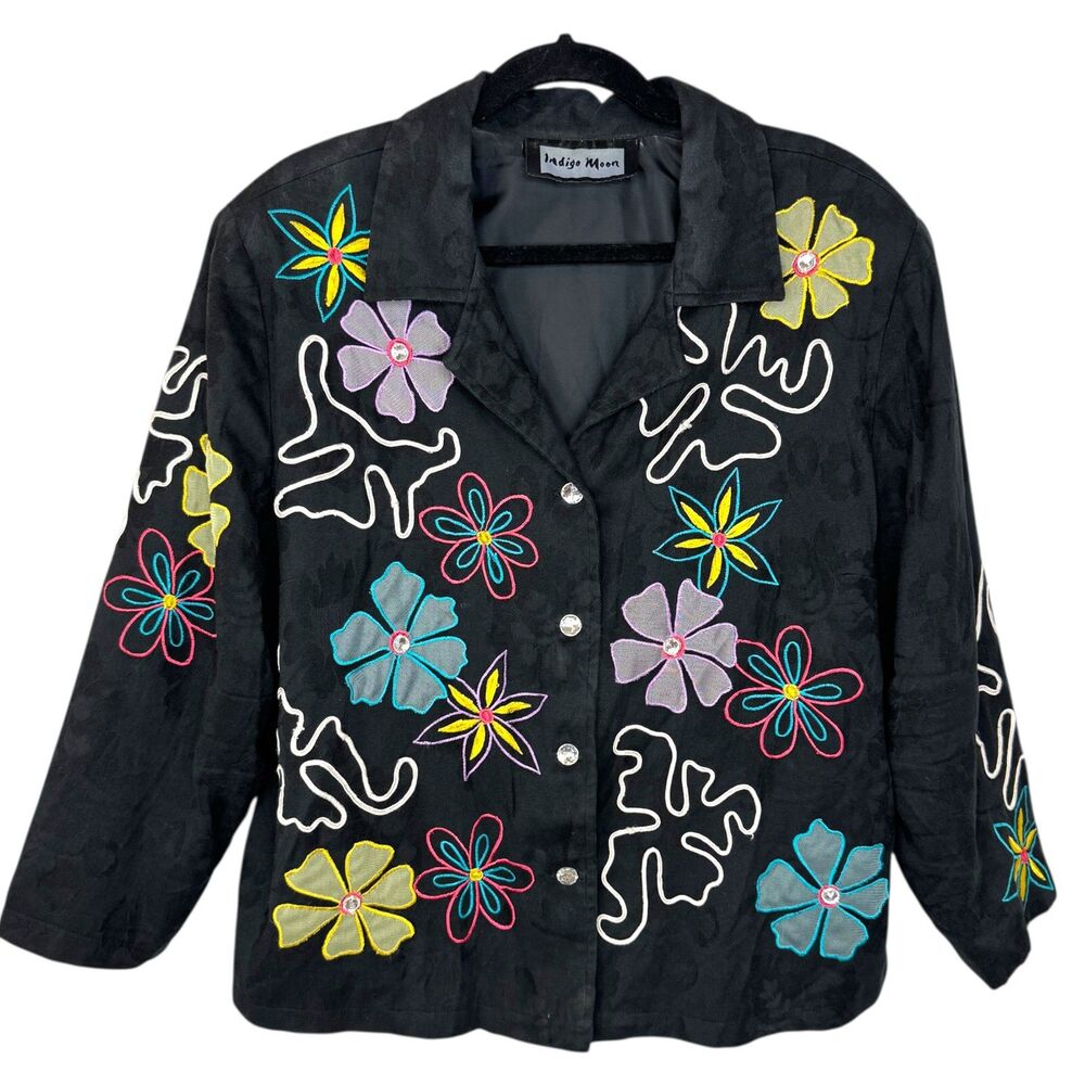 Indigo Moon Black contrast floral print Jacket embroidered funky design - Picture 4 of 13